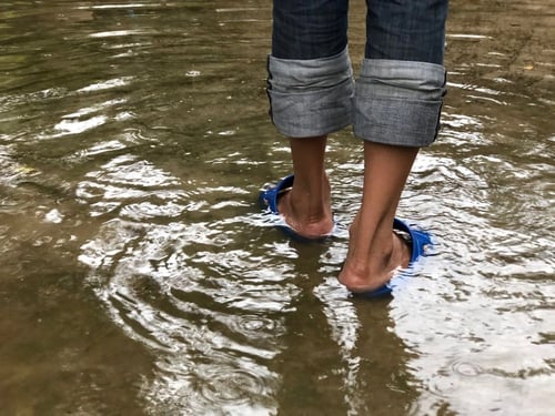 Person in blue sandals walking through murky flood water outside.
