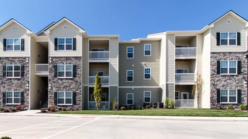 Exterior view of the building  at Aventura at Maryland Oaks Apartments, Maryland Heights, MO 63146