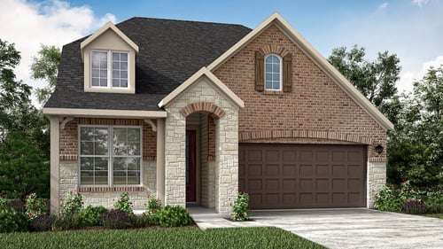 brick exterior home with a two-car garage