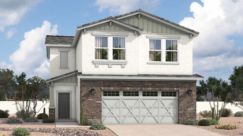 new two-story home with white exterior and garage with stone decor