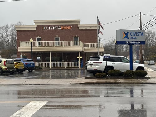 Front of brick building with a sign saying "Civista Bank"