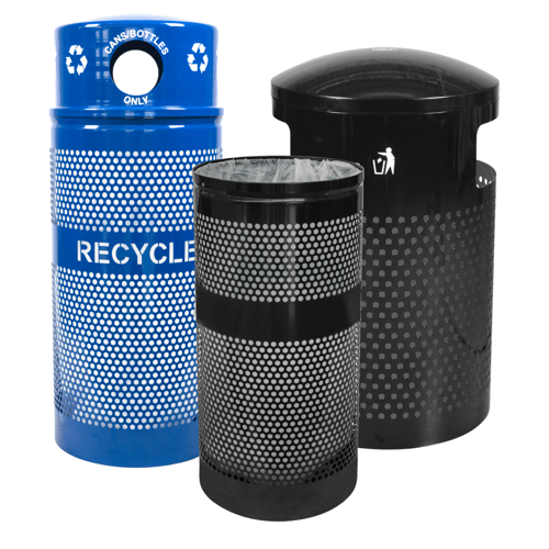 A variety of Ex-Cell Kaiser Landscape Series perforated metal waste and recycling receptacles in different sizes and colors