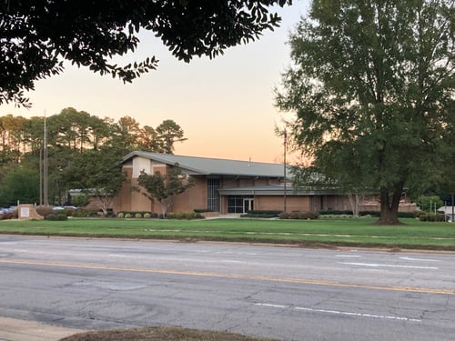 christian church building and parking lot