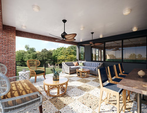 Covered patio with wicker furniture, ceiling fans, and forest view.