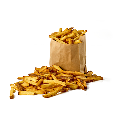 Five Guys food items including a bag of fries, a double cheeseburger with toppings and a drink.