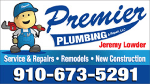 Premier Plumbing cover photo with the words: Premier Plumbing, Jeremy Lowder, Service & Repair, Remodels, New Construction, and a phone number that reads 910-673-5291