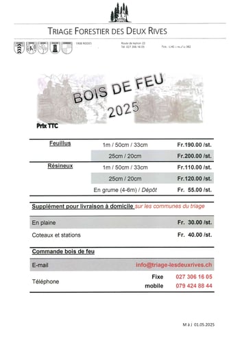 Liste de prix bois feu 2025 / commande par email ou au 079 424 88 44
