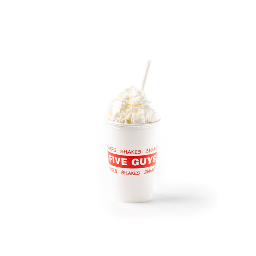 Five Guys food items including a bag of fries, a double cheeseburger with toppings and a drink.