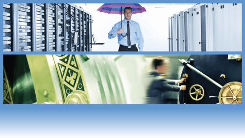 Picture of a man with an umbrella in server room above a picture of a man closing a vault