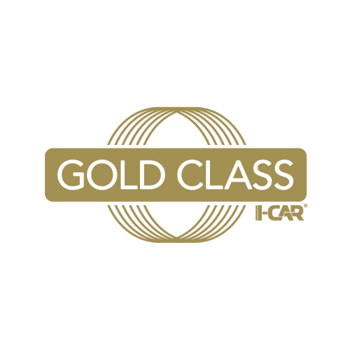 I-CAR Gold Class logo. Displays the words “Gold Class” in white capital letters on a gold horizontal banner, centered over a stylized gold oval made of curved lines. The I-CAR logo appears in smaller gold text at the lower right. Indicates the highest level of training achievement recognized by I-CAR for collision repair professional.