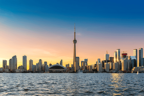 View of the CN Tower and Toronto lakeshore from the water.