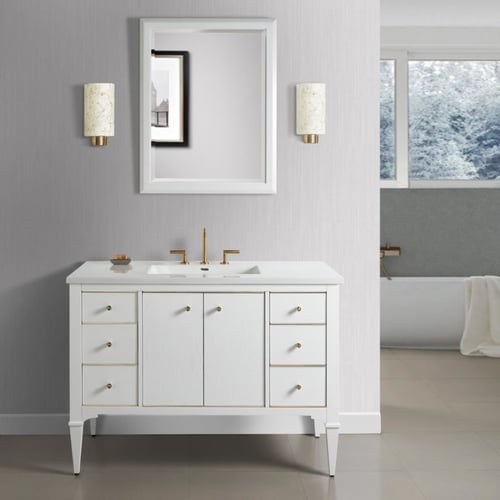 The Charlottesville Vanity Collection features simple lines with a distinctive base molding. The decorative nickel or brass finishes give an edge to this transitional look and is available in light gray, polar white and vintage black.