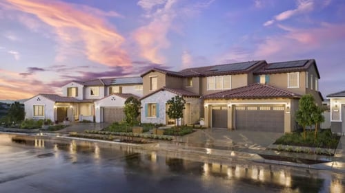 Street view of model homes in Estates at Highland Grove by Pulte Homes in Riverside, CA.