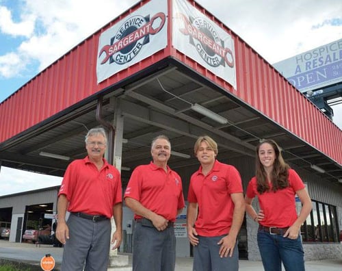 team outside of shop