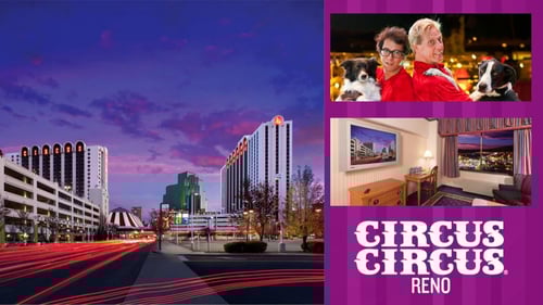 Circus Circus Reno Hotel & Casino card with exterior view of the property and two images of the property interior.