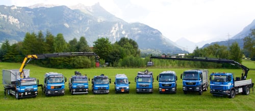 Flotte véhicules de Cherix Transports SA (Combustibles, Camions-grue, Voirie, Déneigement-salage)