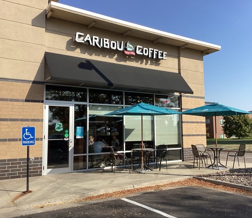 Storefront of the Caribou Coffee at 12655 University Avenue in Clive