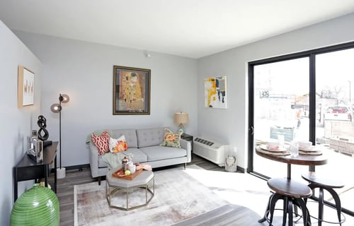 Spacious living room with furniture and large windows, Soll, Des Moines, IA, 50312