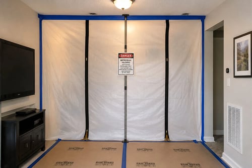 A containment area is set up in a home in Conway where mold remediation is being performed by Restoration 1 of Horry County