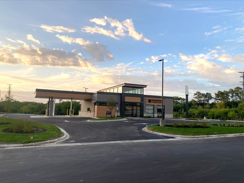 Wide shot of the Johnson Financial Group Delafield location with a slightly cloudy and sunny sky.