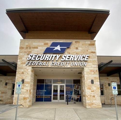 Walk up to the Bulverde and 1604 branch entrance with accessible parking and modern design.