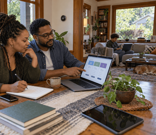 Couple compares internet plans on a laptop and takes notes while their teenager uses another laptop nearby in their Portland home.