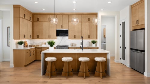 Gourmet kitchen boasting a large center island with quartz countertops, stainless steel appliances, and a walk-in pantry