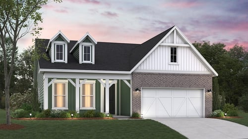 two-story family home with green and white siding and brick