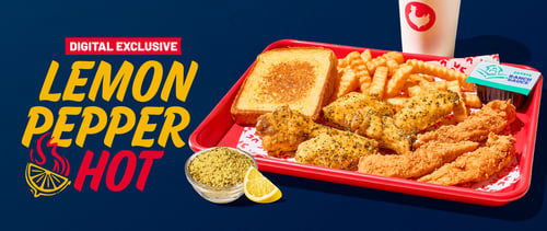 Lemon Pepper Hot wings, Chicken Fingerz, crinkle fries and Texas toast on a red tray, with ranch sauce, a seasoning bowl, lemon wedge and Zaxbys drink.
