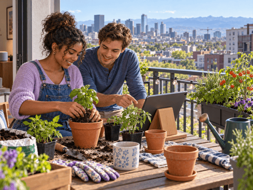 Young couple gardening beside a tablet on their apartment balcony, with Denver’s skyline and distant mountains in the background.