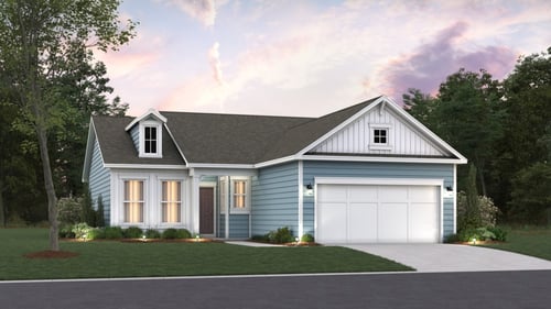 single-story home with blue siding and attached garage