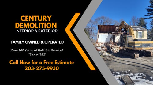 Century Demolition LLC. business info next to a picture of a home demolition