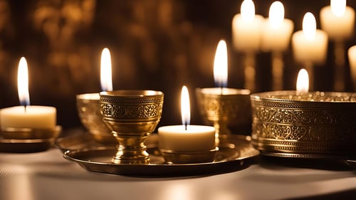 Five white candles burn in embellished gold candle holders.