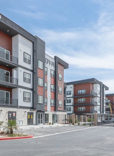 Modern apartment building with balconies and contemporary exterior design under a clear sky at Coya in Las Vegas, NV