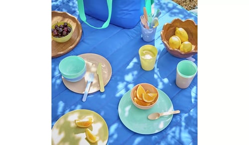 Argos plastic cutlery and crockery on a blue picnic mat outside next to picnic food, drinks and a cool bag