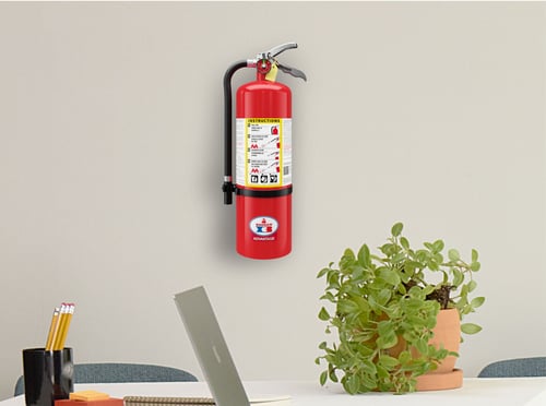 A fire extinguisher is mounted to a wall.