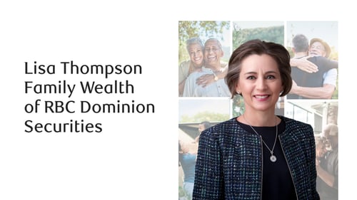 Lisa Thompson with a collage of multigenerational families behind her.