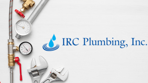 various plumbing tools next to the IRC Plumbing, Inc. logo