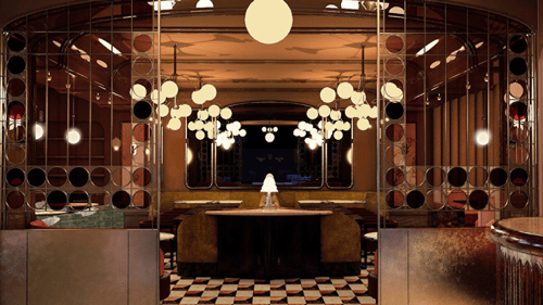 Luxury restaurant interior with a symmetrical layout, featuring art deco-inspired design, round chandeliers, circular panel details and checkered flooring
