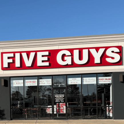 Exterior photograph of the Five Guys restaurant at 244 14th Street in Dickinson North Dakota.