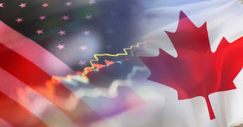 USA and Canada flag superimposed against a stock market chart performance