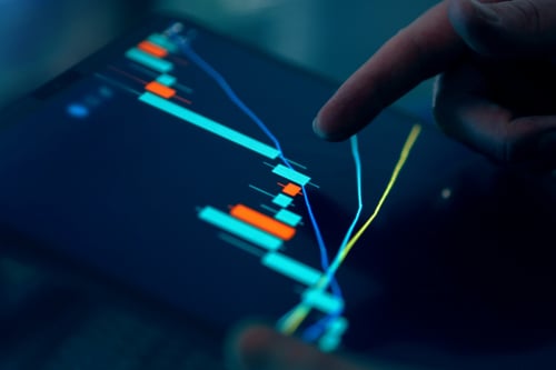 A hand pointing at a tablet displaying a candlestick chart.