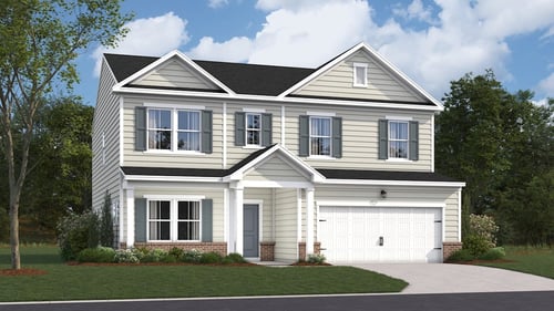 two-story family home with tan siding and white garage door