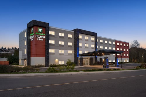 Exterior view of hotel at dusk