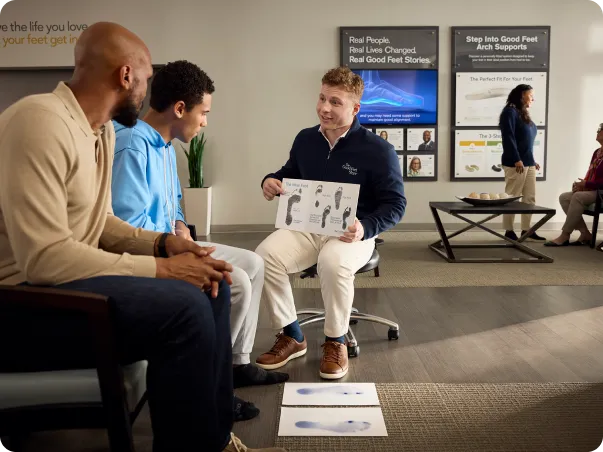 good feet store employee explaining to male customer about the ideal foot chart