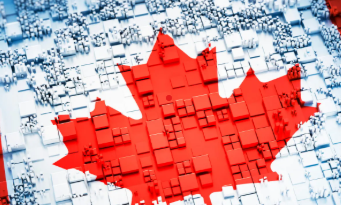 Canadian maple leaf composed of pixelated data patterns and digital circuit elements on a blue background