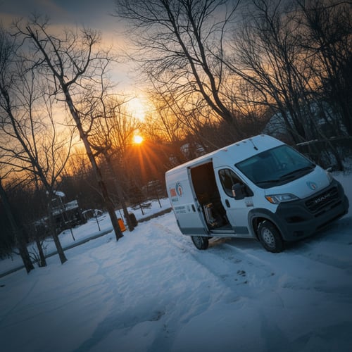 A Restoration 1 vehicle in a field of snow at sunset.