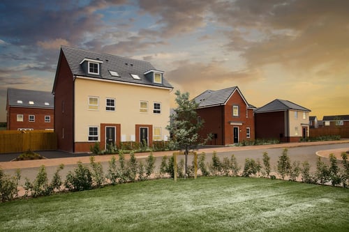 Waterside Winter Street schene at sunset featuring Norbury, Kingsley and Lutterworth housetypes