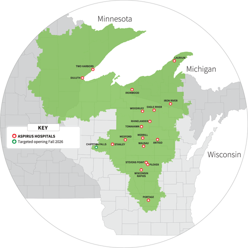 map showing service area for Aspirus Health