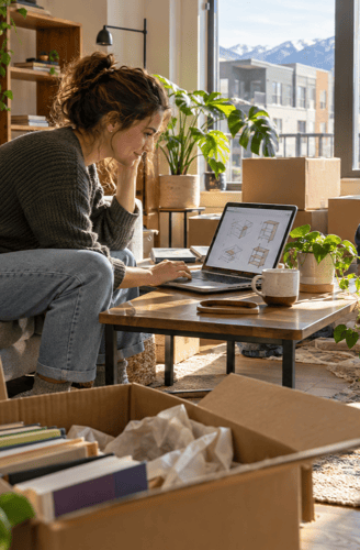 Couple unpacking moving boxes in a Salt Lake City apartment, using a laptop for furniture assembly instructions with mountains visible through the windows.